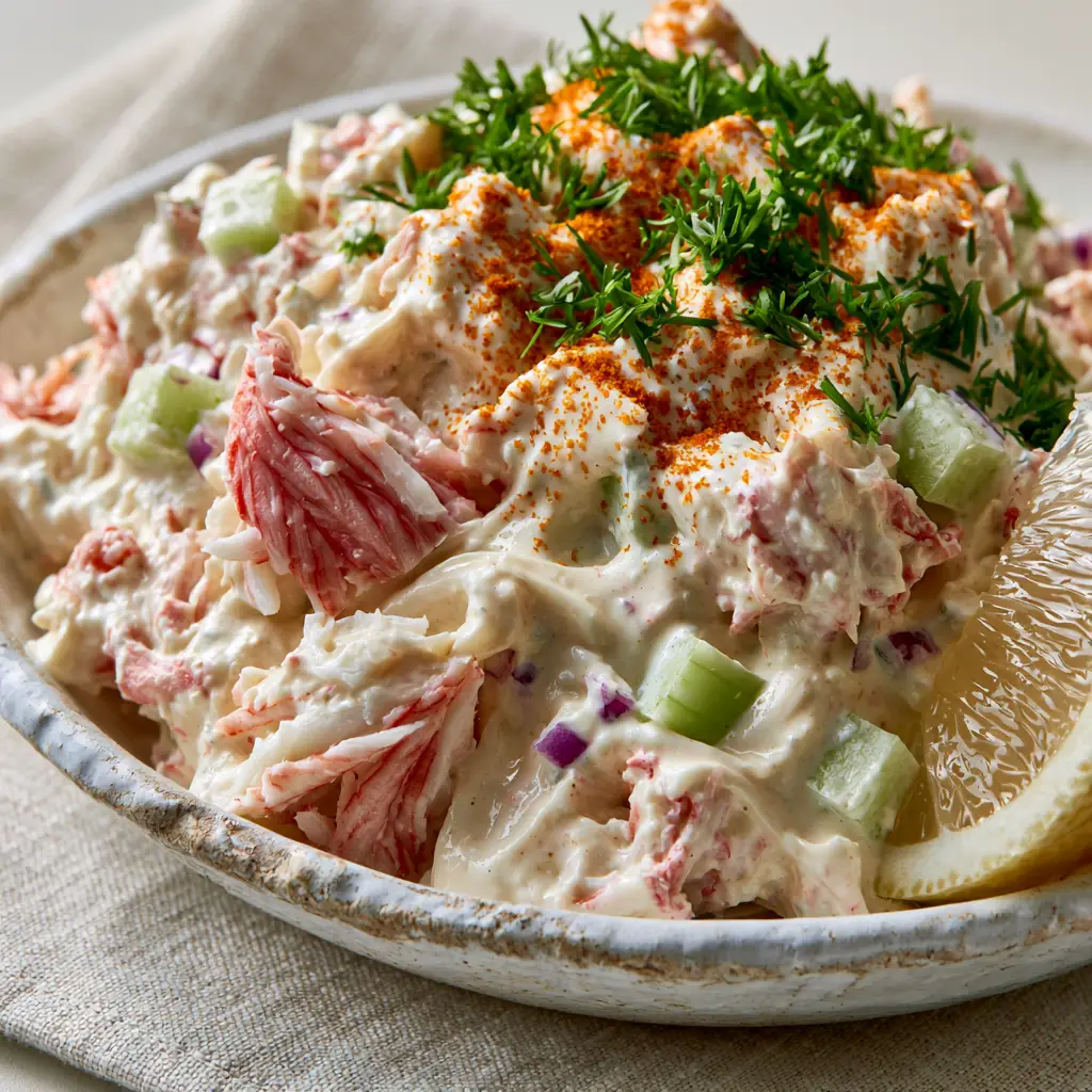Macro eye-level close-up of a creamy Paula Deen Crab Salad showing fibrous textures and uniform celery cubes.