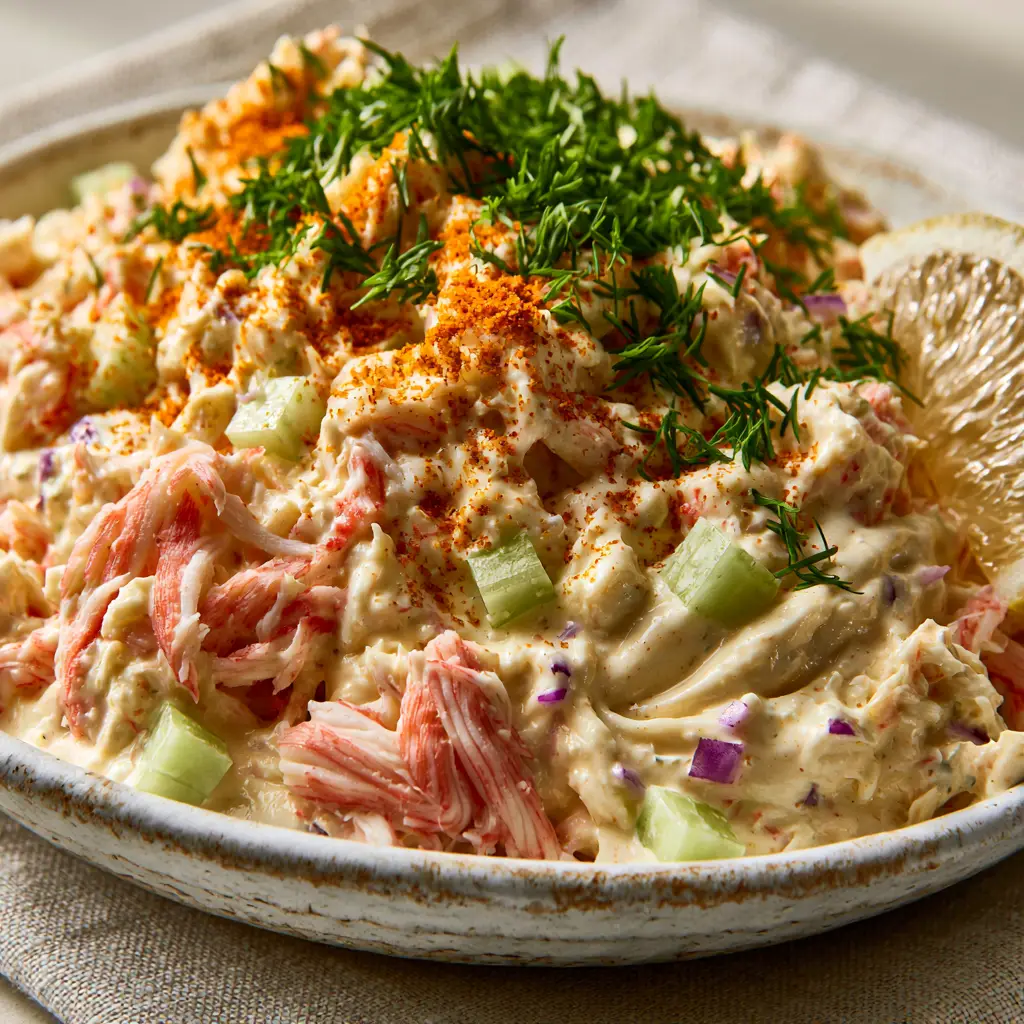 Overhead shot of Paula Deen Crab Salad with orange-red Old Bay seasoning and bright green dill.