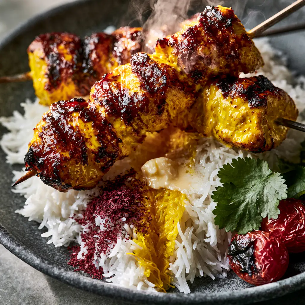 Top-down view of vibrant yellow Joojeh Kabob chicken with charred grill marks and glistening yogurt glaze on a charcoal plate. (Joojeh Kabob)