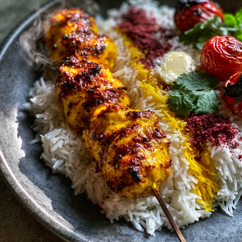 Detailed shot of fluffy basmati rice with a yellow saffron stripe, melting butter, and charred cherry tomatoes next to Joojeh Kabob skewers.