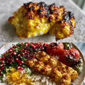 Macro close-up of saffron-marinated chicken chunk with dark grill marks. (Persian Chicken Kabob)