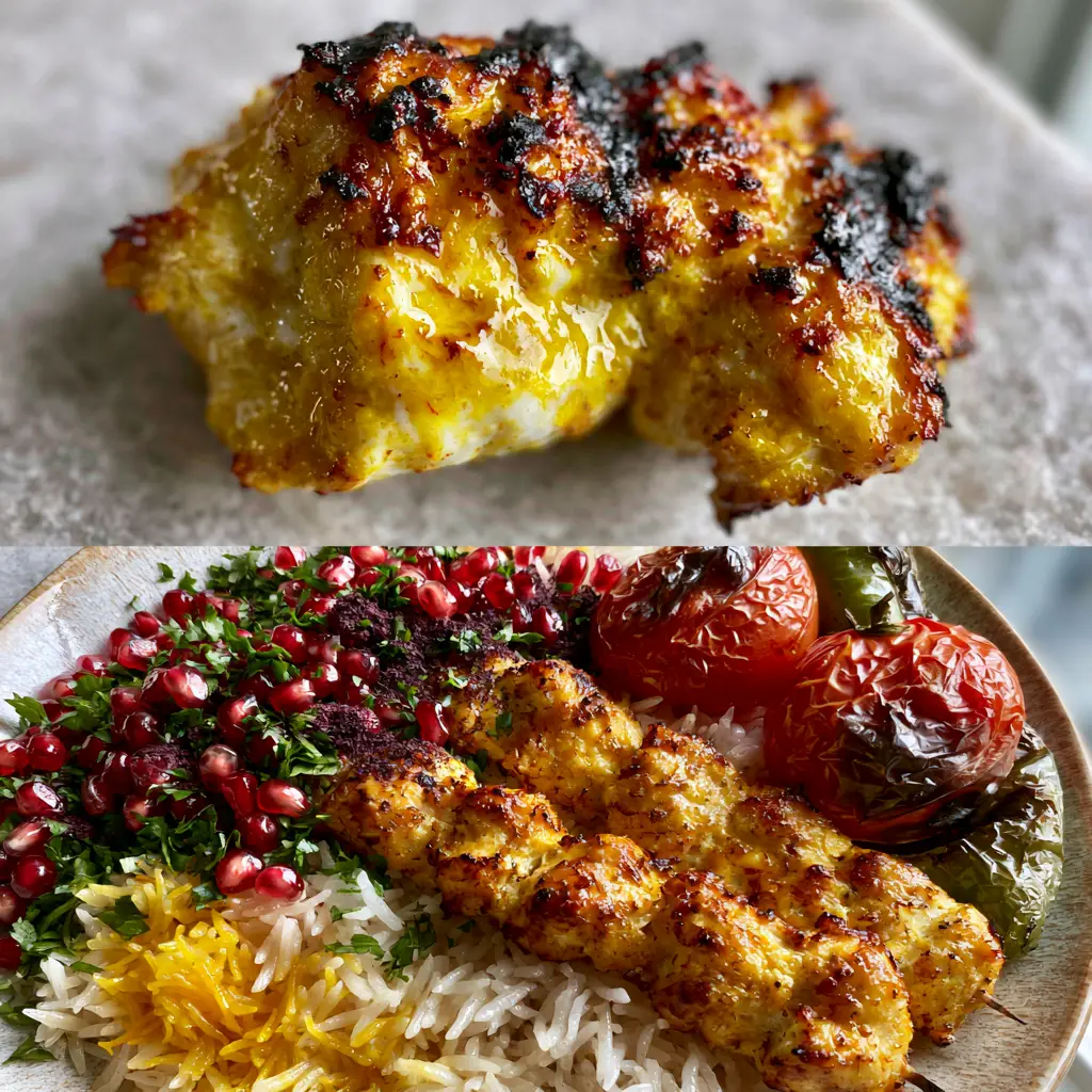 Macro close-up of saffron-marinated chicken chunk with dark grill marks. (Persian Chicken Kabob)