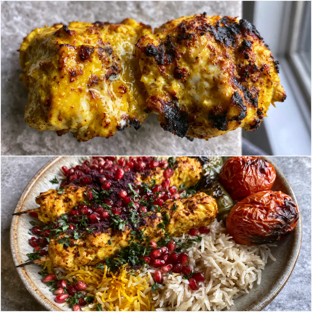 Split screen showing macro chicken and a full ceramic plate of Joojeh Kabob with rice and vegetables.