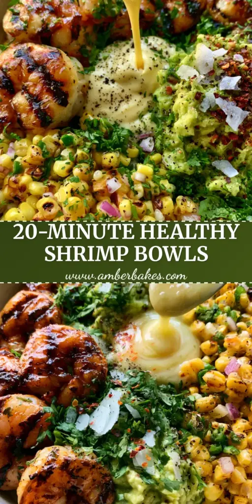 Top-down view of grilled shrimp avocado bowls featuring jumbo charred shrimp, honey-lime glaze, and creamy garlic sauce in a white bowl.