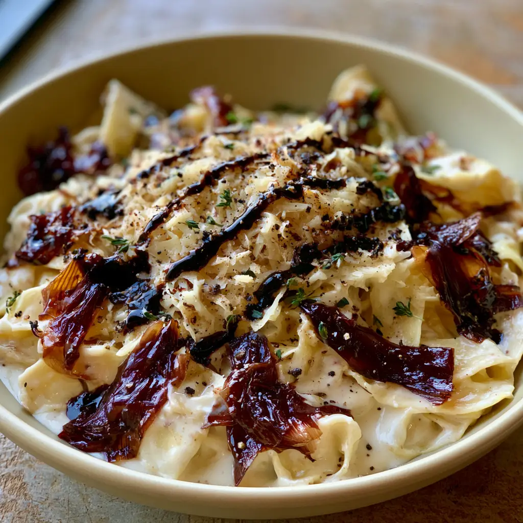 Detailed view of wide pappardelle ribbons coated in cream with melted stringy Gruyere cheese.