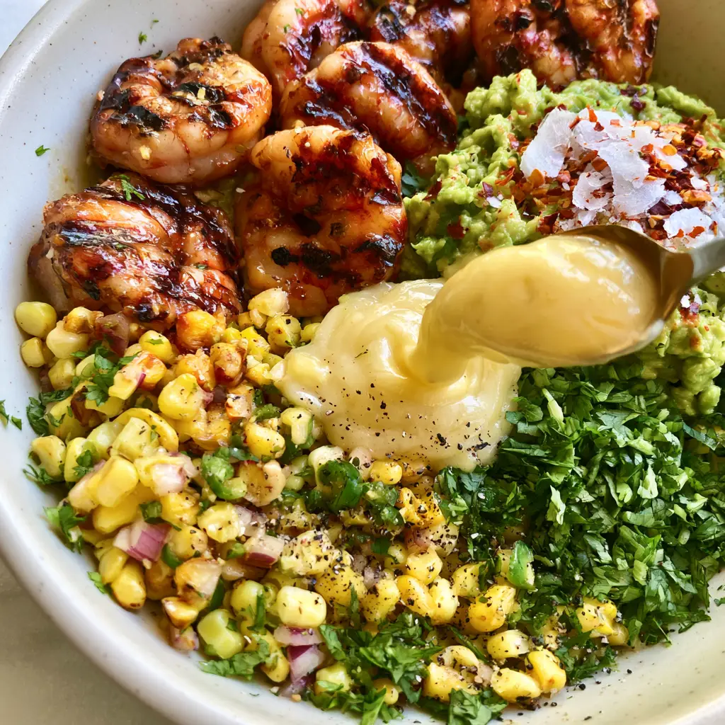 Detailed shot of creamy garlic lime sauce being drizzled over grilled shrimp avocado bowls.