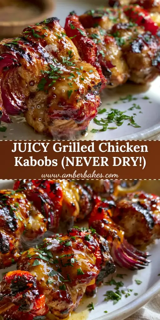 Three gourmet Grilled Chicken Kabobs with glistening honey-garlic glaze, blistered red peppers, and scorched onions on a white platter.