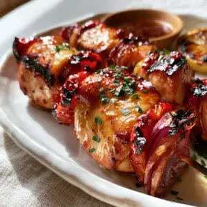 Close-up of Grilled Chicken Kabobs showing moisture droplets, steam wisps, and charred grill marks on a ceramic platter.
