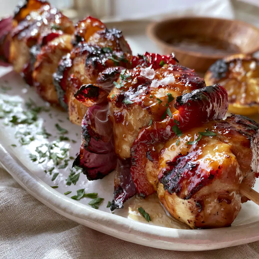 Handheld photo of three thick chicken skewers with scorched red onion petals and a charred lemon wedge in the background.