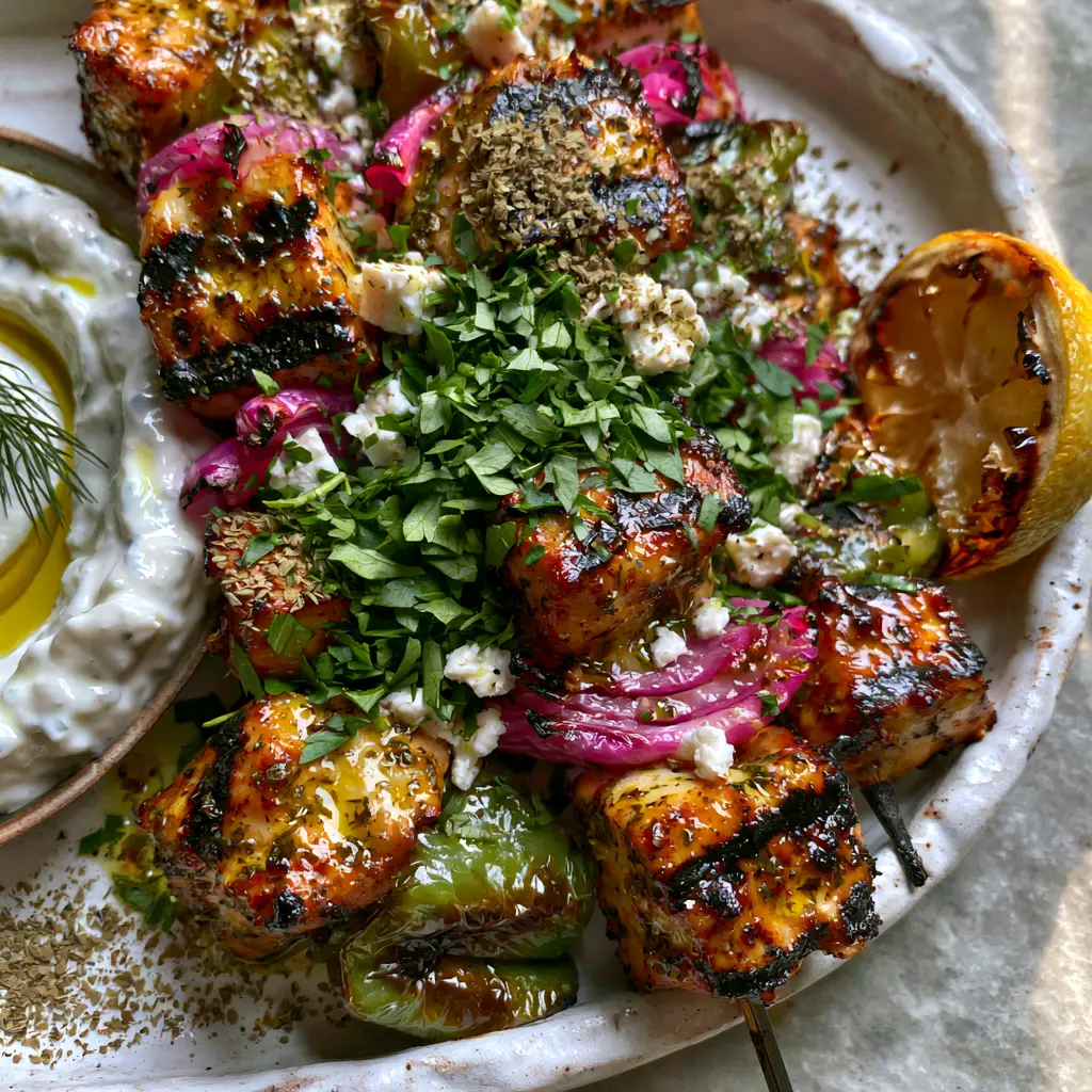 Ultra-close-up of golden-brown Greek marinated chicken kabobs with distinct char marks and blistered green peppers.