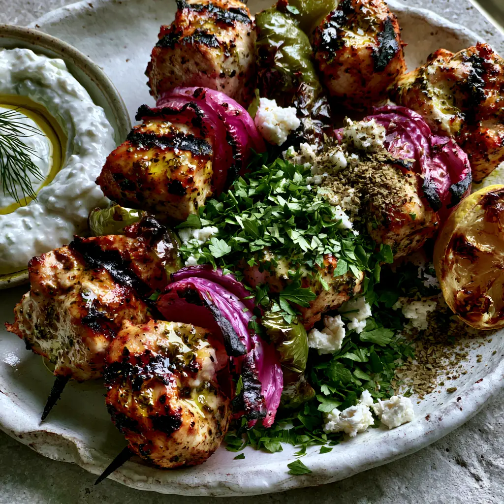 Greek marinated chicken kabobs garnished with feta cheese, fresh parsley, and a lemon juice glisten on a stone background.