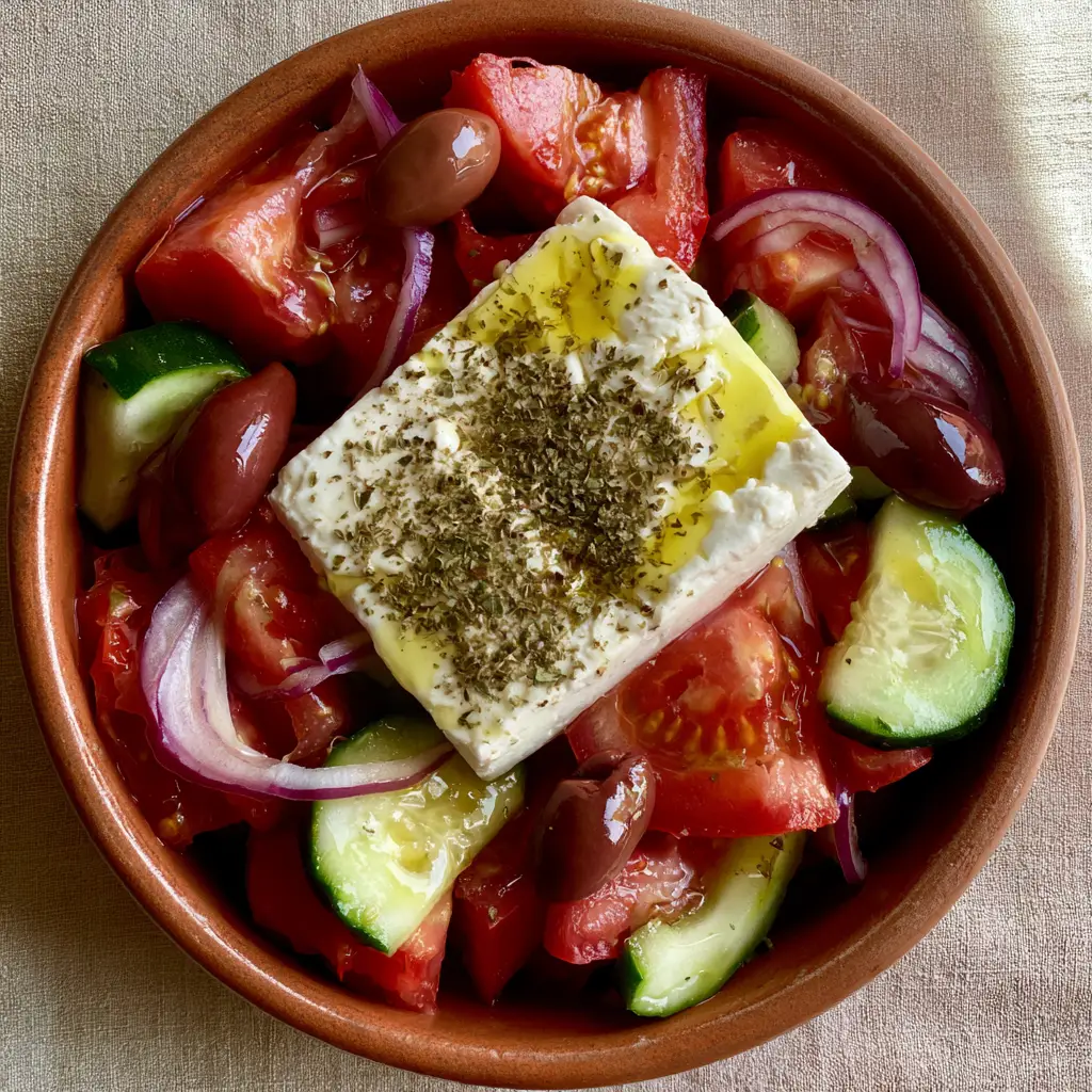 Close-up of thick-cut cucumber moons and translucent onion rings in a Greek salad recipe.
