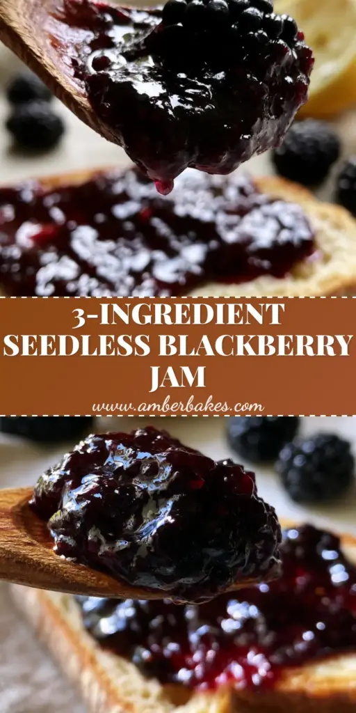 A heavy, glistening glob of seedless blackberry jam on a wooden spoon over toasted sourdough. (blackberry jam recipe)