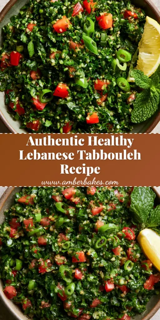 An overhead view of a rustic ceramic bowl containing an authentic Lebanese tabbouleh recipe with finely chopped parsley and ruby tomatoes.