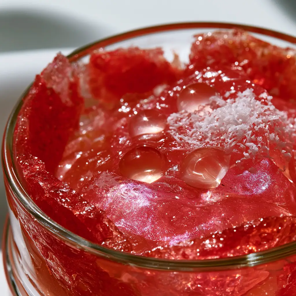 Paper-thin crystalline watermelon wedges layered around a jar of shimmering pink jelly. (Watermelon Glow Sleeping Mask)