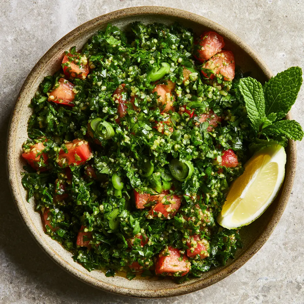 A glistening Lebanese tabbouleh recipe in a matte ceramic bowl with a decorative lemon wedge.