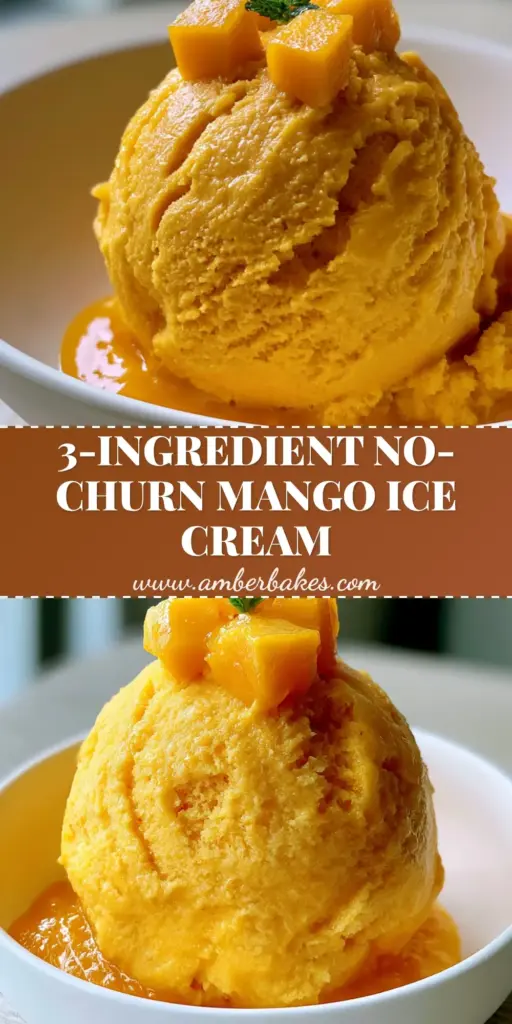 A close-up of a large, perfectly rounded scoop of vibrant golden-orange mango ice cream with visible scoop marks and fresh mango garnishes.