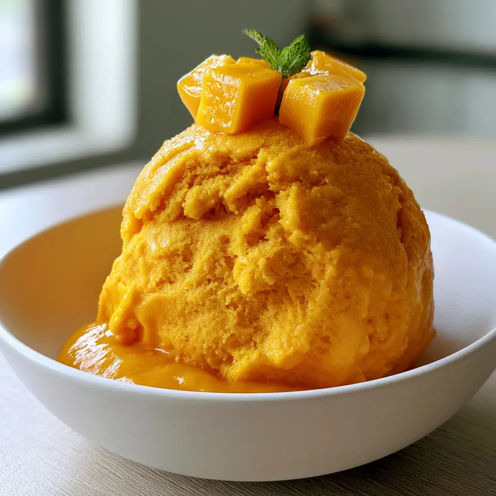 Side-lit view of golden mango ice cream with glistening fresh mango cubes and a thick puree drizzle.