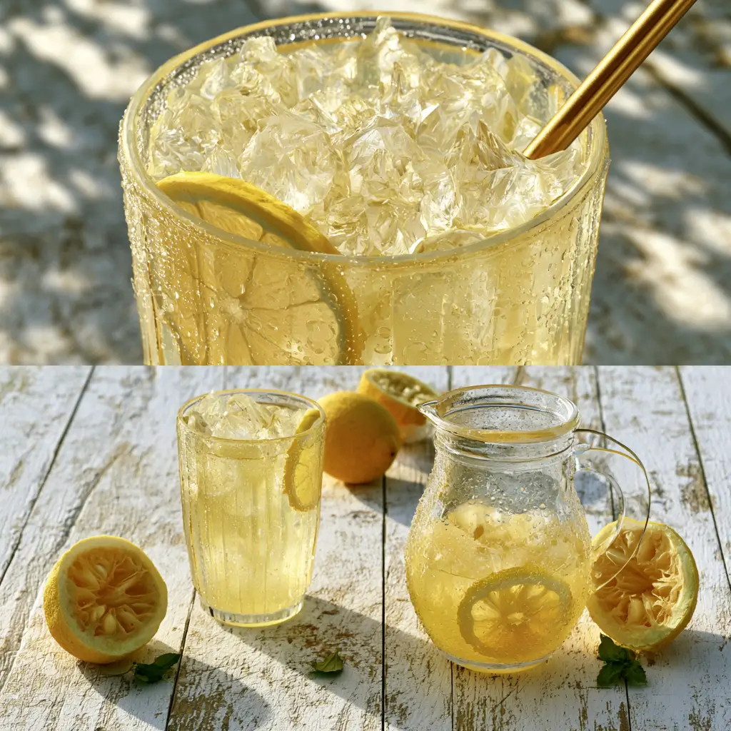 A vertical split showing a top-down macro view of crystalline ice and a side view of a lemonade pitcher. (Classic Lemonade)