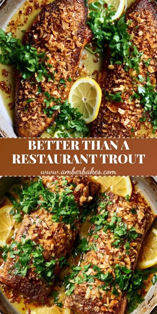 An overhead shot of two golden-brown rainbow trout almondine fillets in a carbon steel skillet, topped with crunchy almonds and lemon butter sauce.