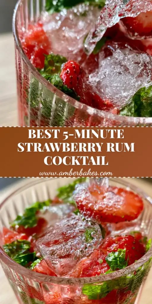 A tall ribbed glass filled with muddled strawberries, mint, and white rum with clear square ice. (Strawberry rum cocktails)