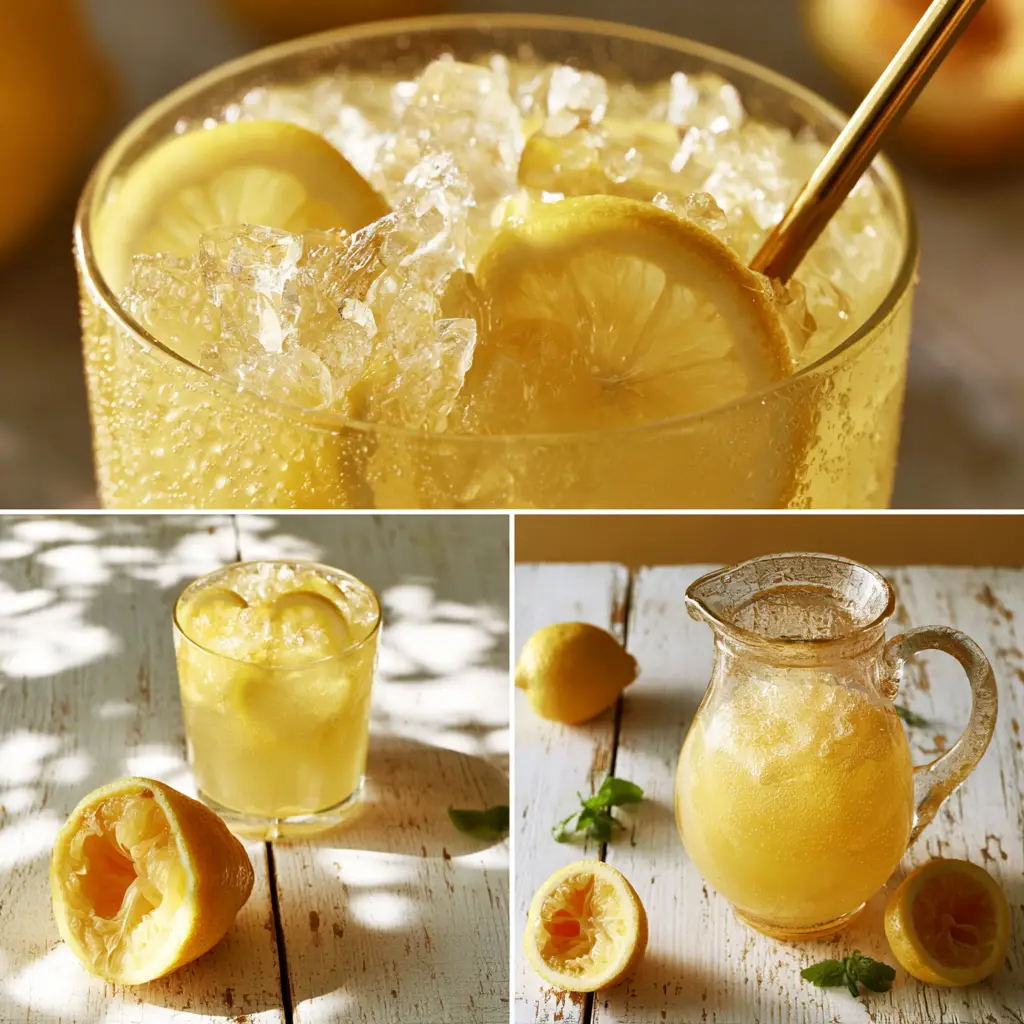 Close up of halved lemons with exposed pulp and ultra-thin slices next to a glass of lemonade.
