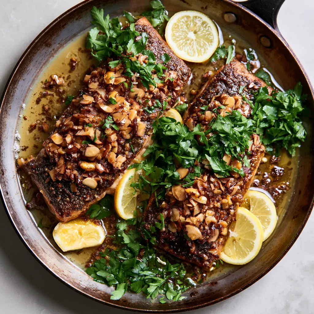 Overhead view of rainbow trout almondine garnished with fresh parsley and lemon half-moons in a carbon steel pan.