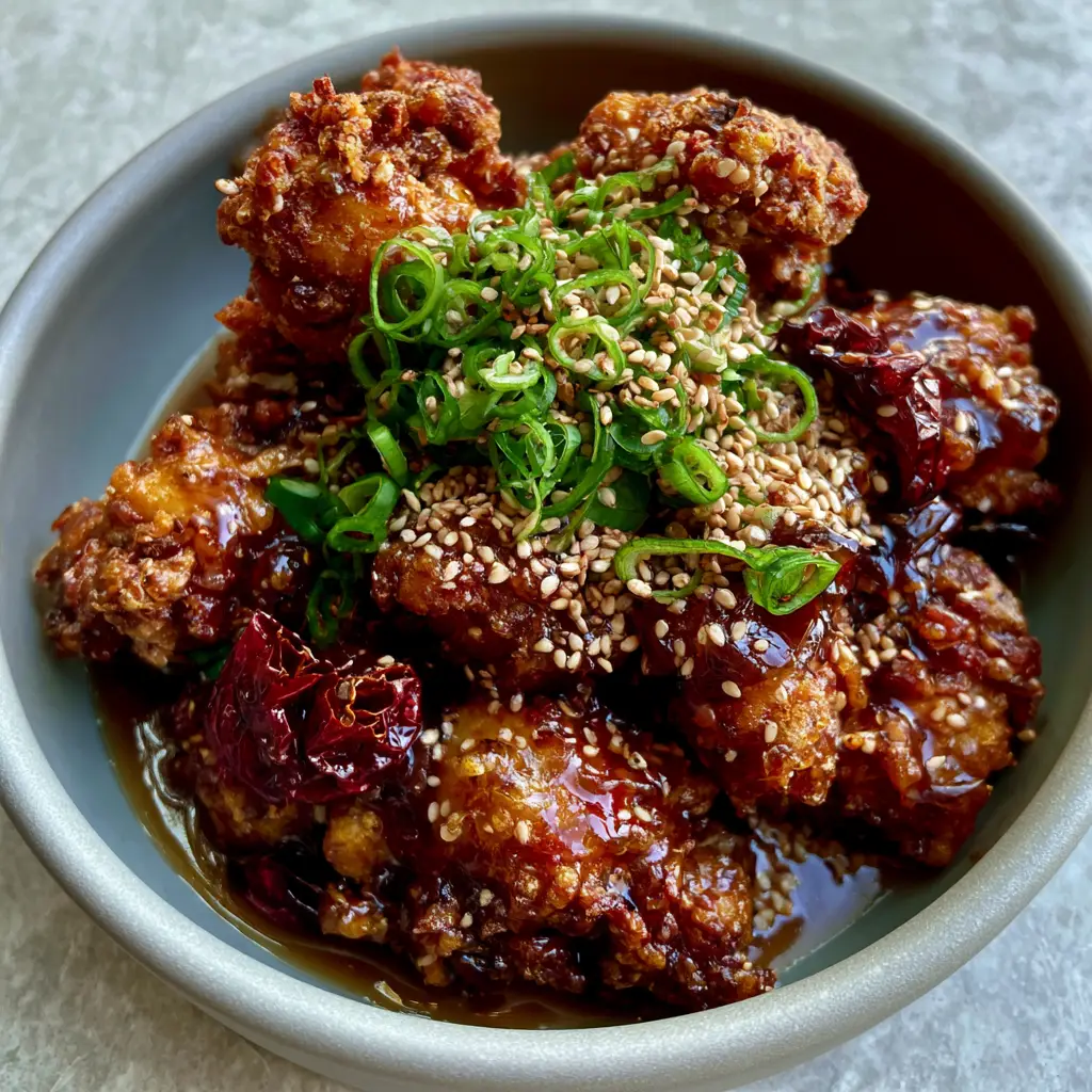 A heap of General Tso's Chicken with whole dried Szechuan peppers and a glossy mahogany sauce. (General Tso's Chicken)