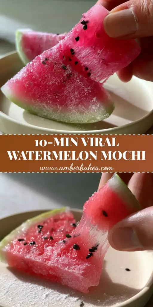 A close-up of a hand pulling a piece of pink watermelon mochi with black sesame seeds and a green rind. (watermelon mochi)