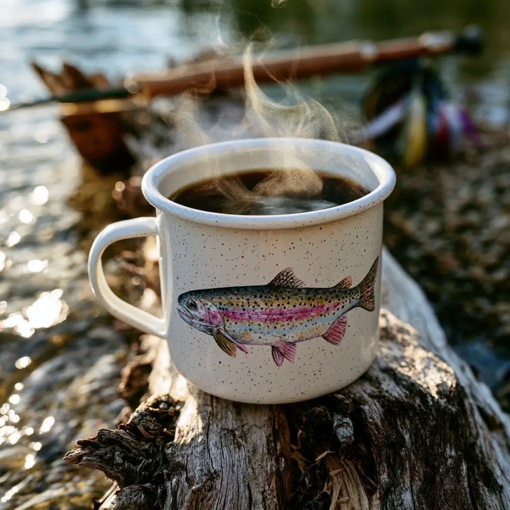 A rainbow trout mug with dark coffee and steam, featuring detailed watercolor fish scales.