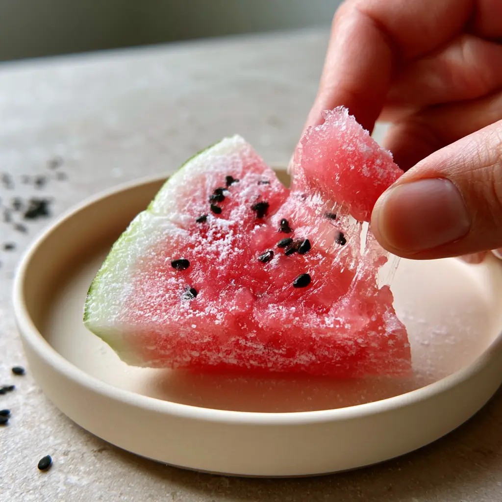 Vibrant pink mochi shaped like a watermelon slice with a matcha rind and sesame seeds.