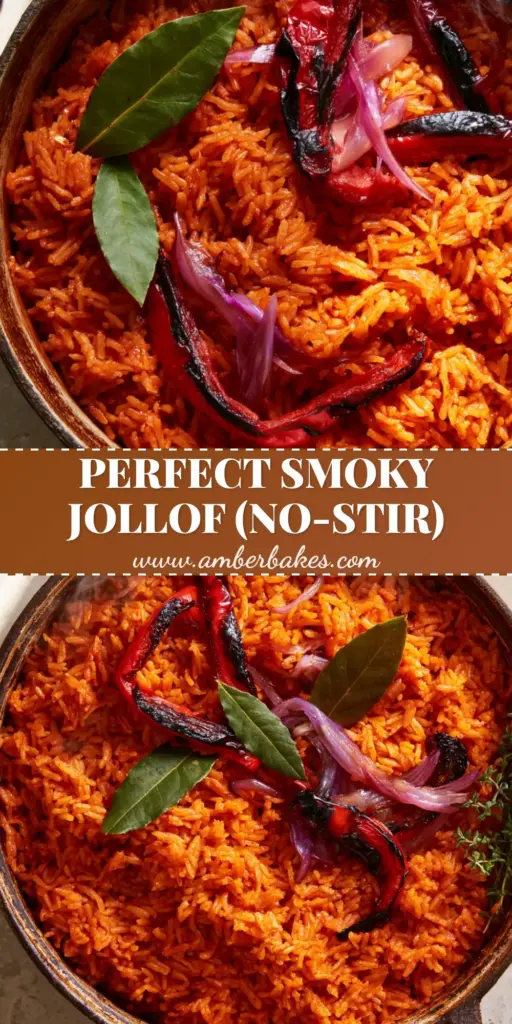 A top-down view of vibrant Jollof rice in a cast iron Dutch oven with blistered peppers and bay leaves. (Jollof Rice recipe)