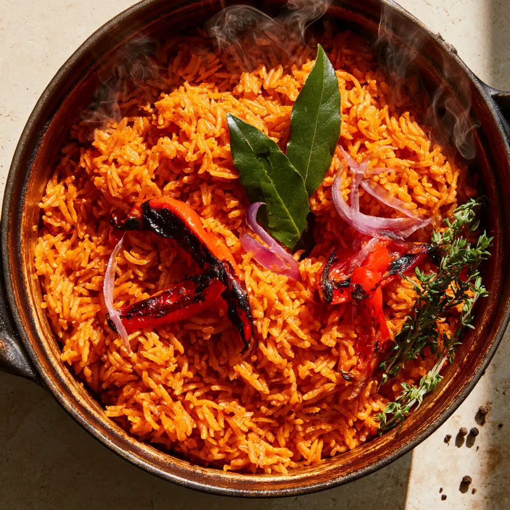 Charred red bell pepper strips and softened onion rings on top of Jollof rice. (Jollof Rice recipe)