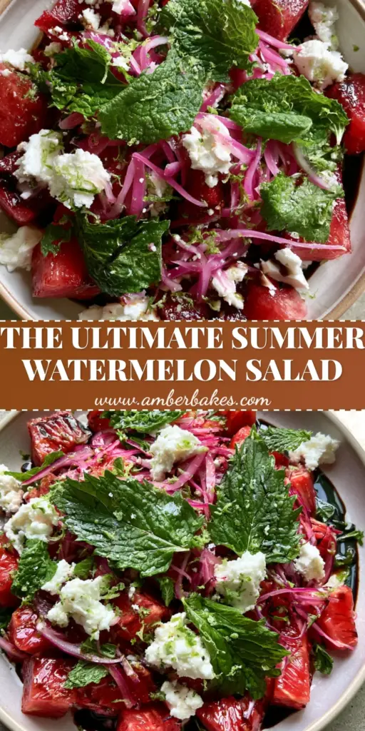 A top-down smartphone photo of a premium watermelon salad recipe featuring jagged crimson cubes, chunky feta, and mint on a grey stone surface.