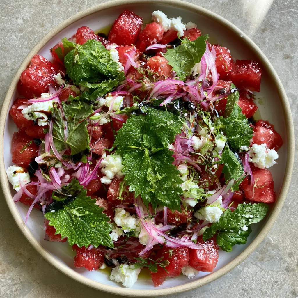 Artistic overhead shot of watermelon feta mint salad with a glossy balsamic drizzle and purple red onion slivers.