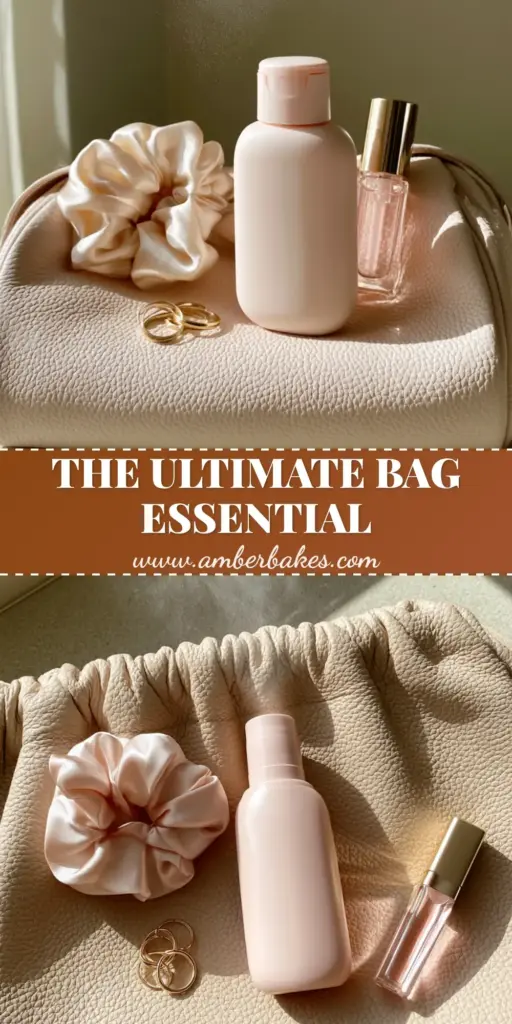 A luxury Clean Girl bag interior layout featuring a matte blush pink Touchland hand sanitizer, gold rings, and a silk scrunchie on beige leather.