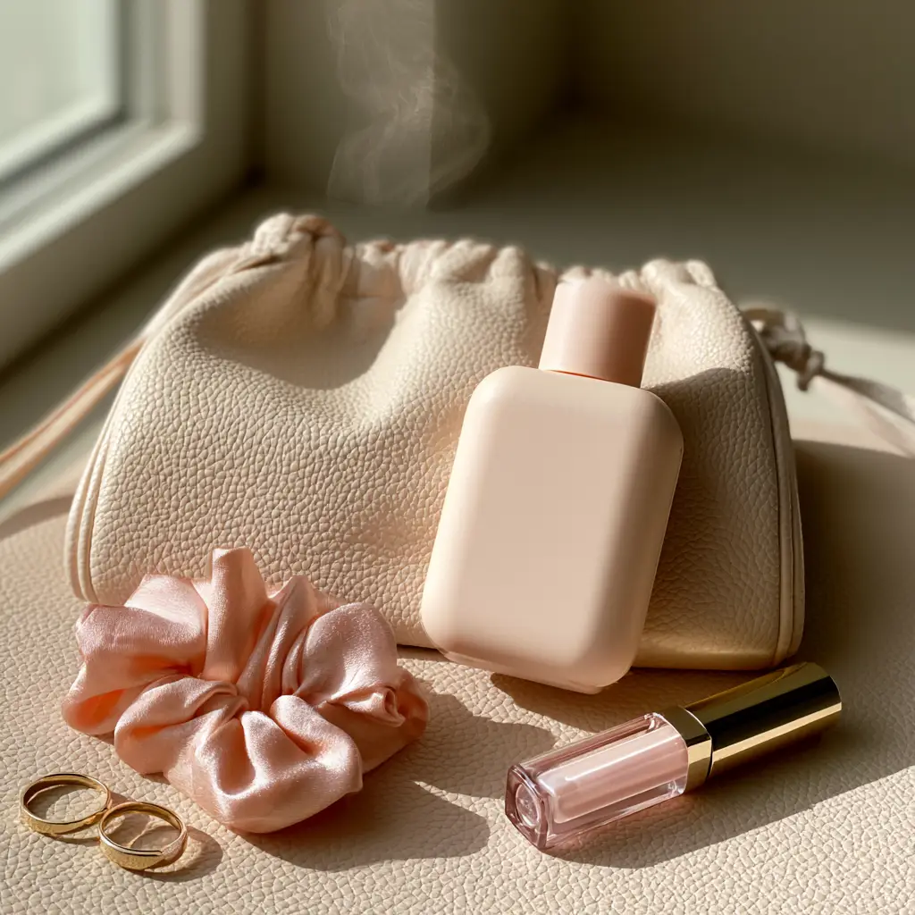 Smartphone photo of a Touchland hand sanitizer misting in the morning sunlight over beige pebbled leather.