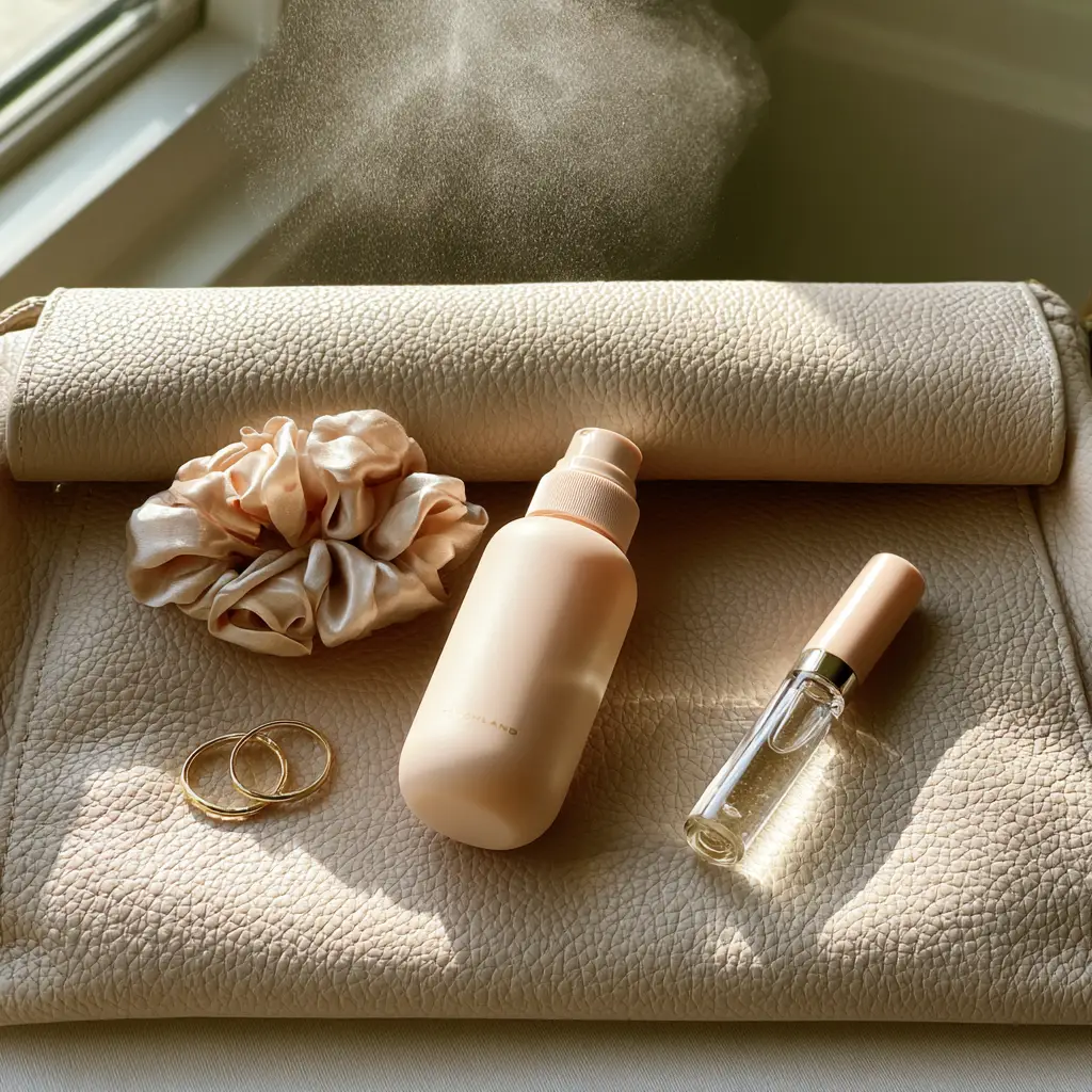 Detailed view of gold hardware, a silk scrunchie, and high-shine lip gloss next to a Touchland hand sanitizer.