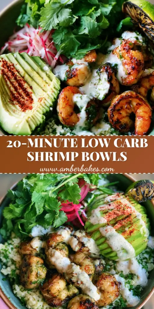 A close-up of vibrant shrimp and avocado bowls with charred shrimp, fanned avocado, and lime crema drizzle on a bed of cauliflower rice. (shrimp and avocado bowls)