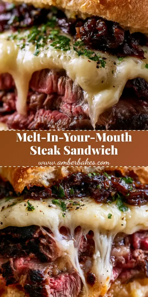 A towering steak sandwich cross-section showing layers of seared ribeye, melted bubbly provolone, and jammy balsamic onions on a garlic butter baguette.