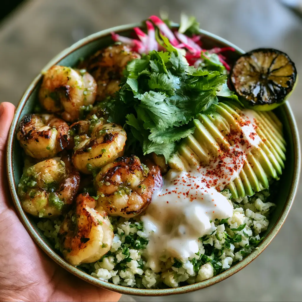 A handheld shot of a vibrant seafood bowl featuring plump shrimp, cilantro, and radishes over cauliflower rice.