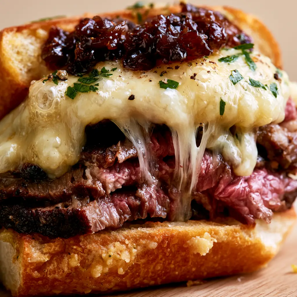 Close-up of melted, bubbly provolone cheese with long pulls on a toasted garlic butter artisan baguette steak sandwich.