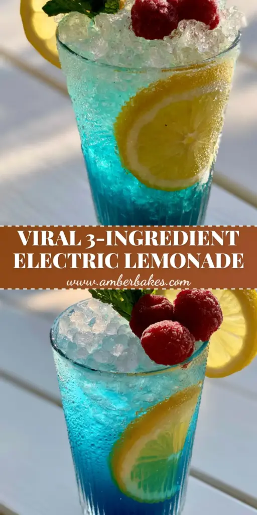 A tall ribbed glass of electric blue raspberry lemonade with pebble ice, lemon wheels, and mint on a white wooden table. (blue raspberry lemonade)