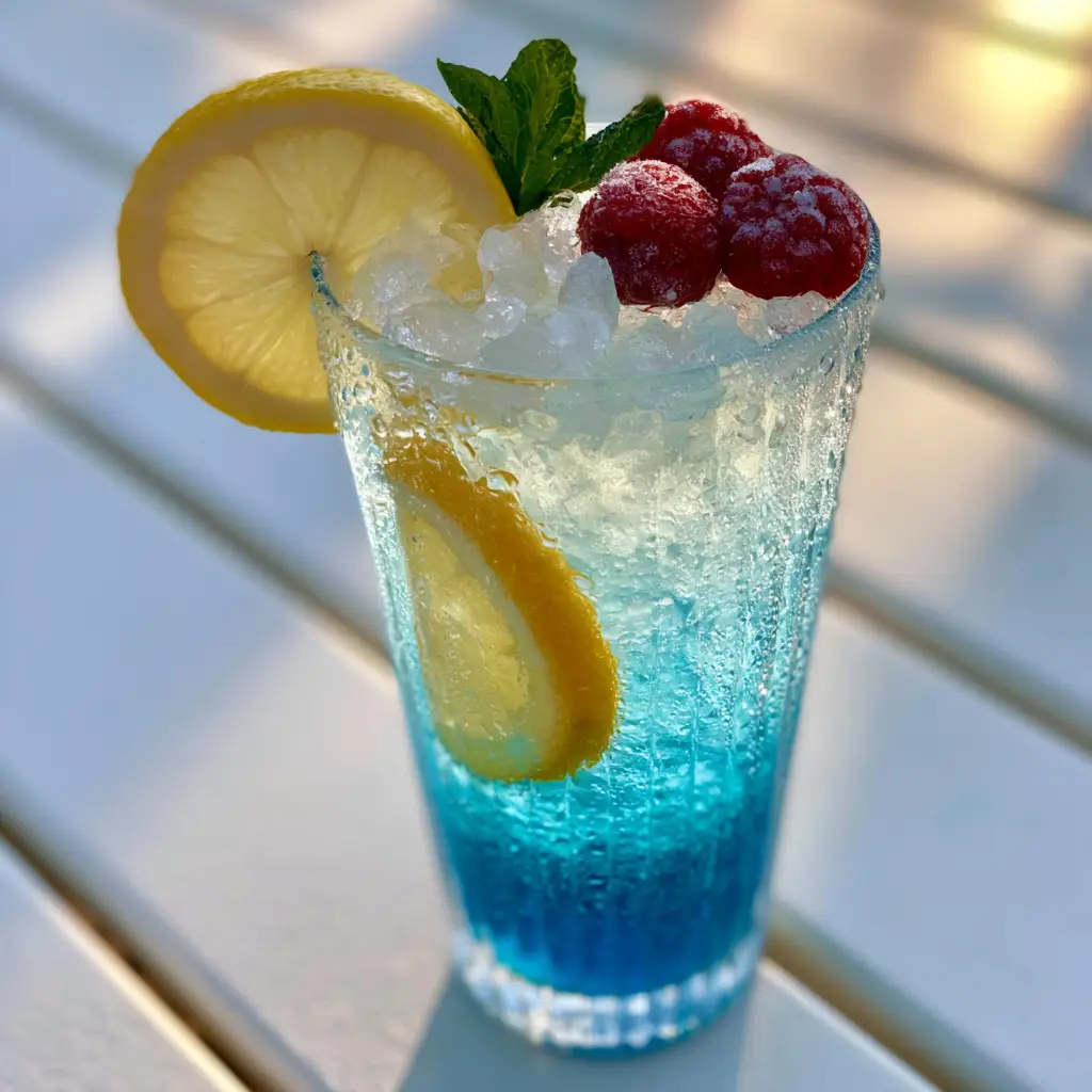 Close up of vibrant cerulean lemonade in a ribbed glass with condensation and crushed ice. (blue raspberry lemonade)