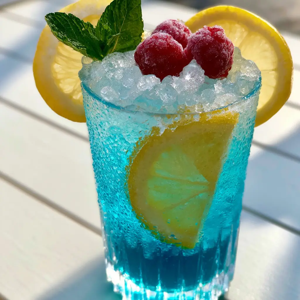 Side view of layered blue raspberry lemonade showing the deep azure bottom and frosted raspberry garnish.