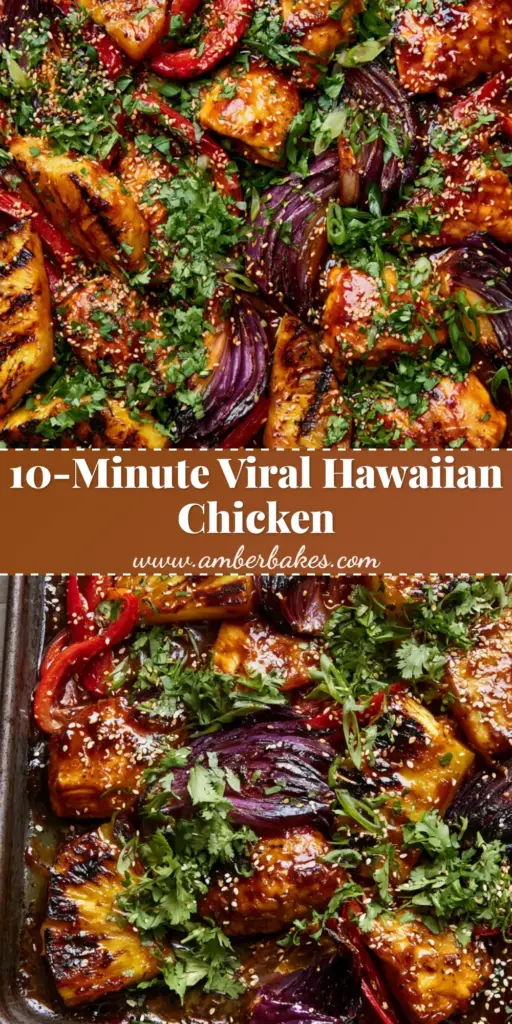 A top-down view of Hawaiian chicken on a dark metal sheet pan with seared chicken, caramelized pineapple, and a glossy amber glaze.