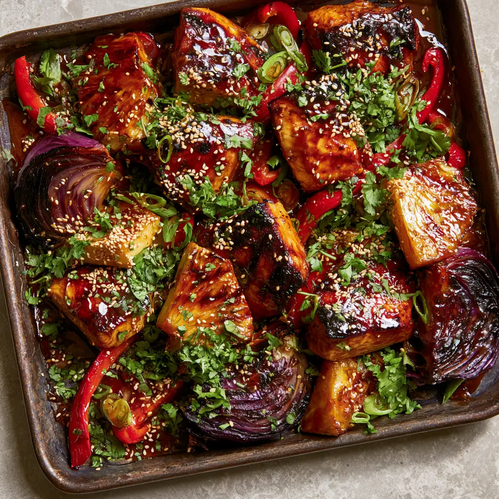 Sheet pan Hawaiian chicken garnished with toasted sesame seeds, fresh cilantro, and sliced scallions.