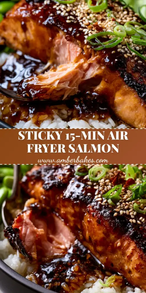 A top-down view of an air-fried salmon bowl with charred edges, glossy glaze, and cucumber ribbons. (teriyaki salmon recipe)