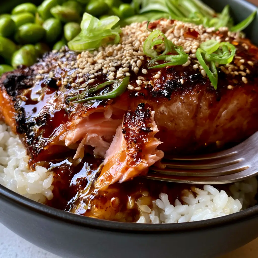 Salmon fillet pulled apart with a fork showing the moist pink interior and charred crispy edges.