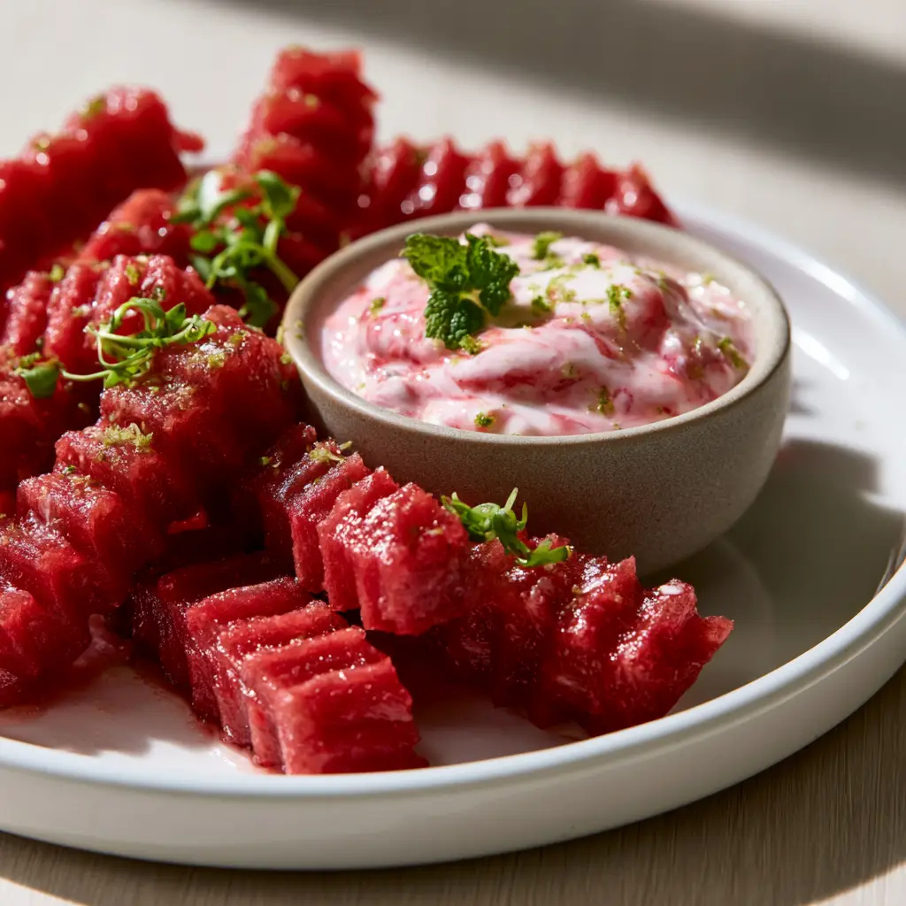 Matte stoneware bowl with thick Greek yogurt and glossy strawberry puree swirls.